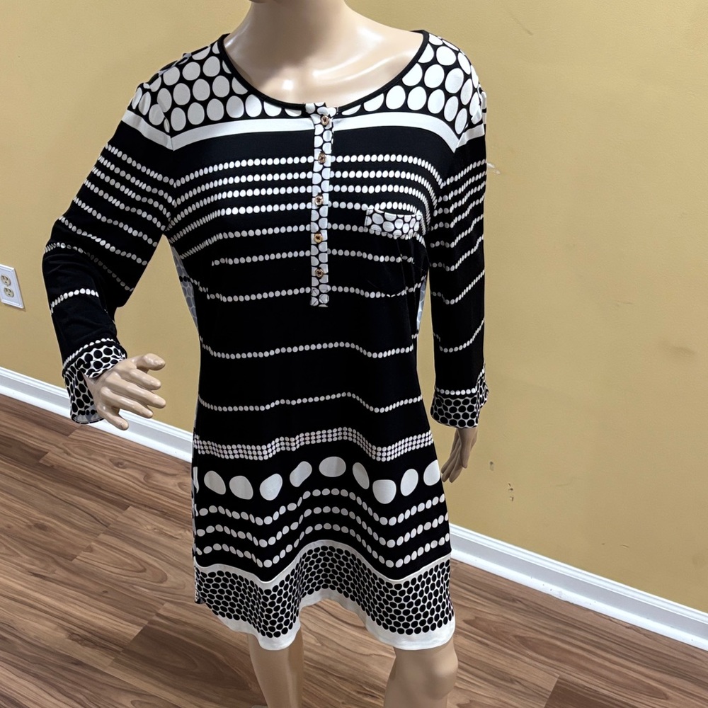 Black & White Dot-Stripe Long Sleeve Tunic Dress